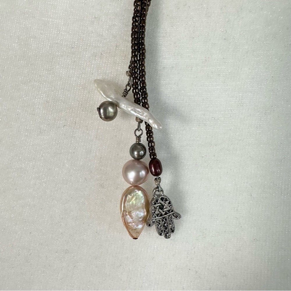 Handmade Beaded Pearl and Pewter Chamsa 3 Tier Y Necklace - Picture 4 of 5